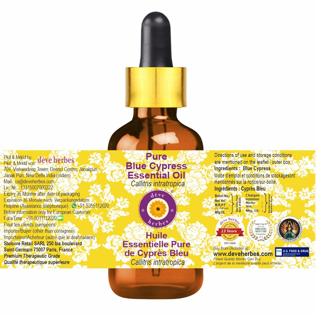 dève herbes Blue Cypress Essential Oil 15ml | Glass Dropper | Pure