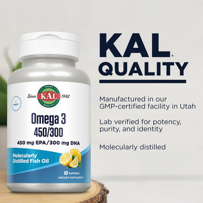 KAL 450/300 1280 mg Omega-3 Lemon Soft Gels – 60 Count