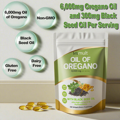 MTMULT Oil of Oregano with Black Seed Oil & Moringa – 6000mg, 180 Softgels (Carvacrol‑Rich, Opaque Packaging)