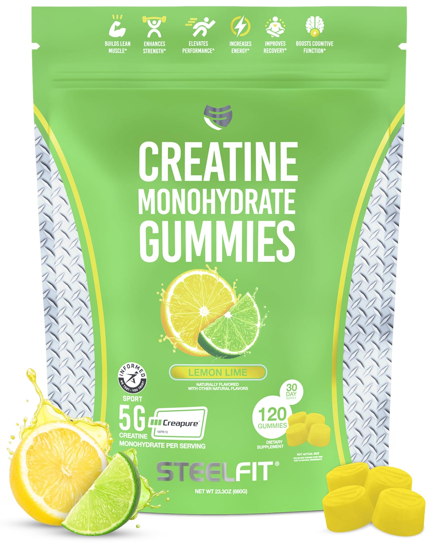 SteelFit Creapure Creatine Monohydrate Gummies – Lemon Lime (120 Gummies) for Muscle Gain, Brain Health & Strength