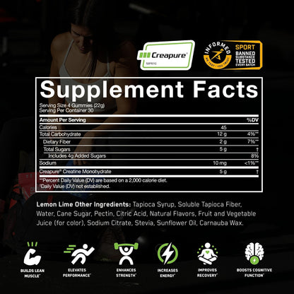 SteelFit Creapure Creatine Monohydrate Gummies – Lemon Lime (120 Gummies) for Muscle Gain, Brain Health & Strength
