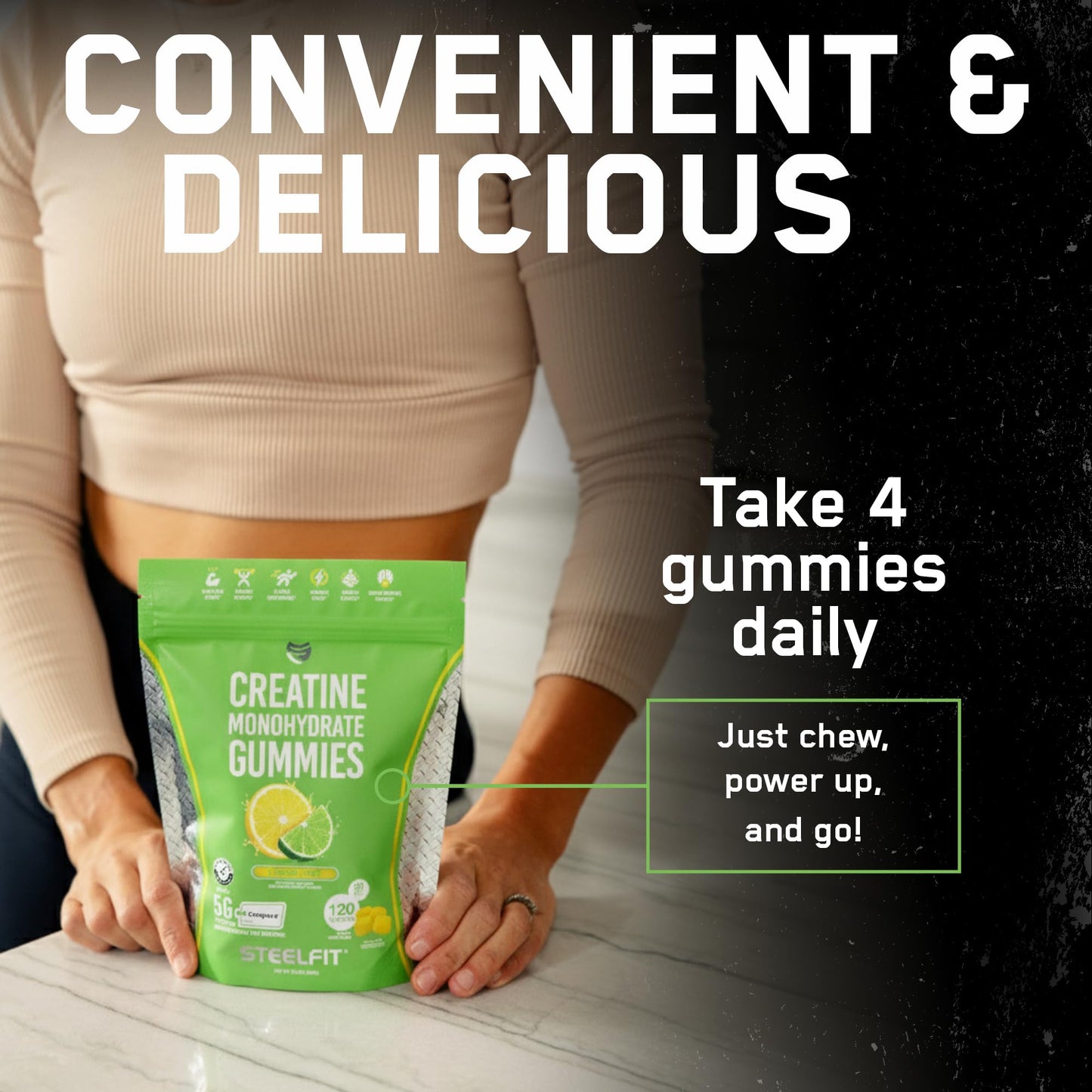 SteelFit Creapure Creatine Monohydrate Gummies – Lemon Lime (120 Gummies) for Muscle Gain, Brain Health & Strength