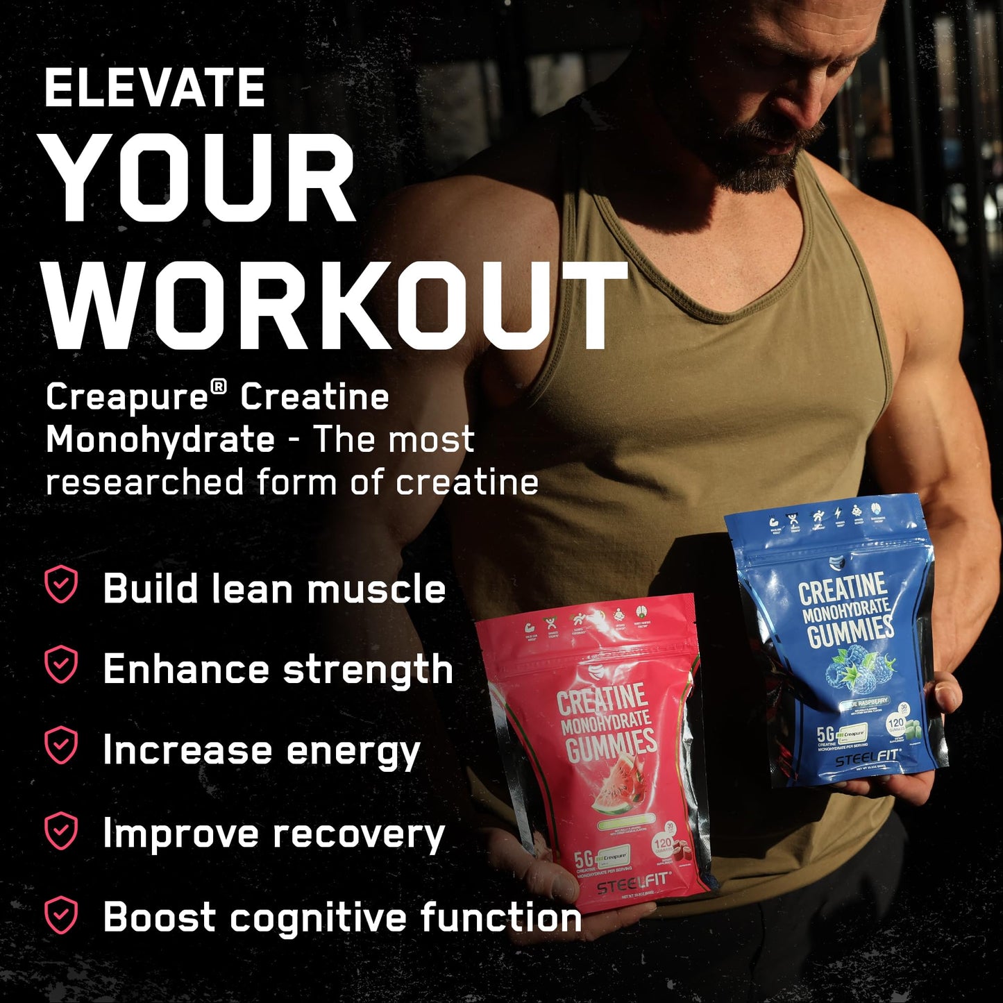 SteelFit Creapure Creatine Gummies - 5g per Serving, Juicy Watermelon, 120 Gummies