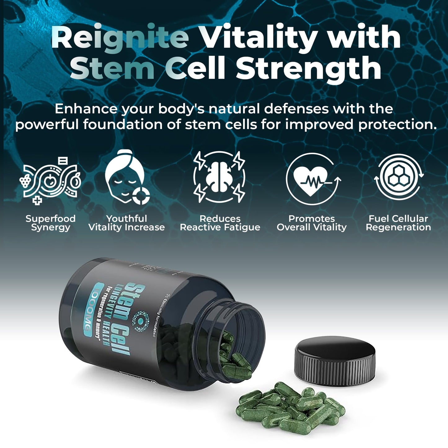 Premium Stem Cell Supplements 1000mg (120 Caps) – Immunity & Anti-Aging with Spirulina & Chlorella