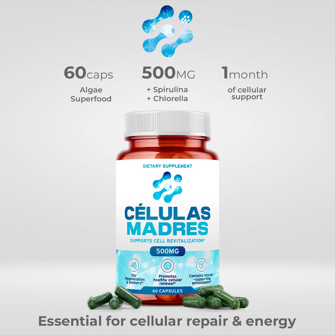 Stem Cell Supplements 500mg – Anti-Aging & Longevity (60 Caps) with Spirulina & Chlorella | Celulas Madre