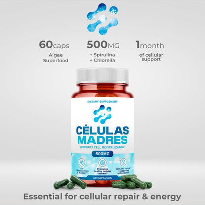 Stem Cell Supplements 500mg – Anti-Aging & Longevity (60 Caps) with Spirulina & Chlorella | Celulas Madre