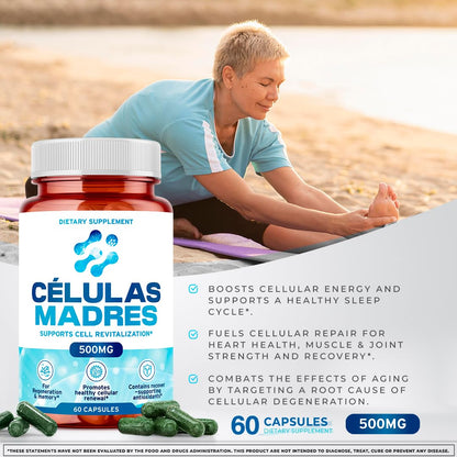 Stem Cell Supplements 500mg – Anti-Aging & Longevity (60 Caps) with Spirulina & Chlorella | Celulas Madre
