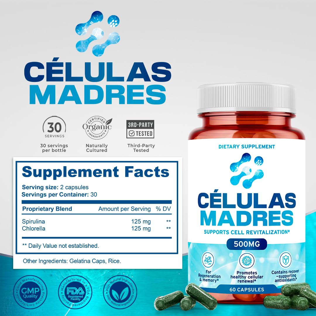 Stem Cell Supplements 500mg (180 Caps) – Anti-Aging & Longevity | Spirulina & Chlorella | Celulas Madre