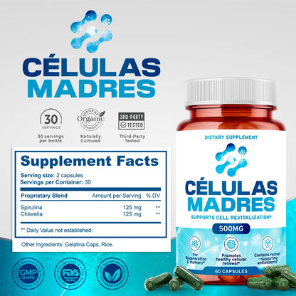 Stem Cell Supplements 500mg (180 Caps) – Anti-Aging & Longevity | Spirulina & Chlorella | Celulas Madre