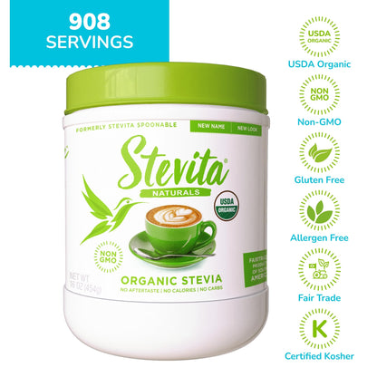 Stevita Organic Stevia - 16oz | Zero Calories, All-Natural Sweetener, USDA Organic, Non-GMO, Vegan, Keto, Paleo, Gluten Free - 908 Servings