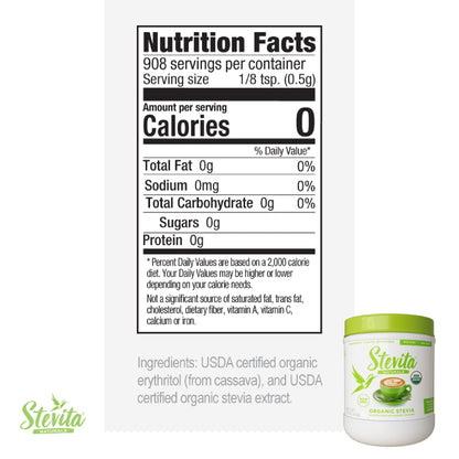 Stevita Organic Stevia - 16oz | Zero Calories, All-Natural Sweetener, USDA Organic, Non-GMO, Vegan, Keto, Paleo, Gluten Free - 908 Servings