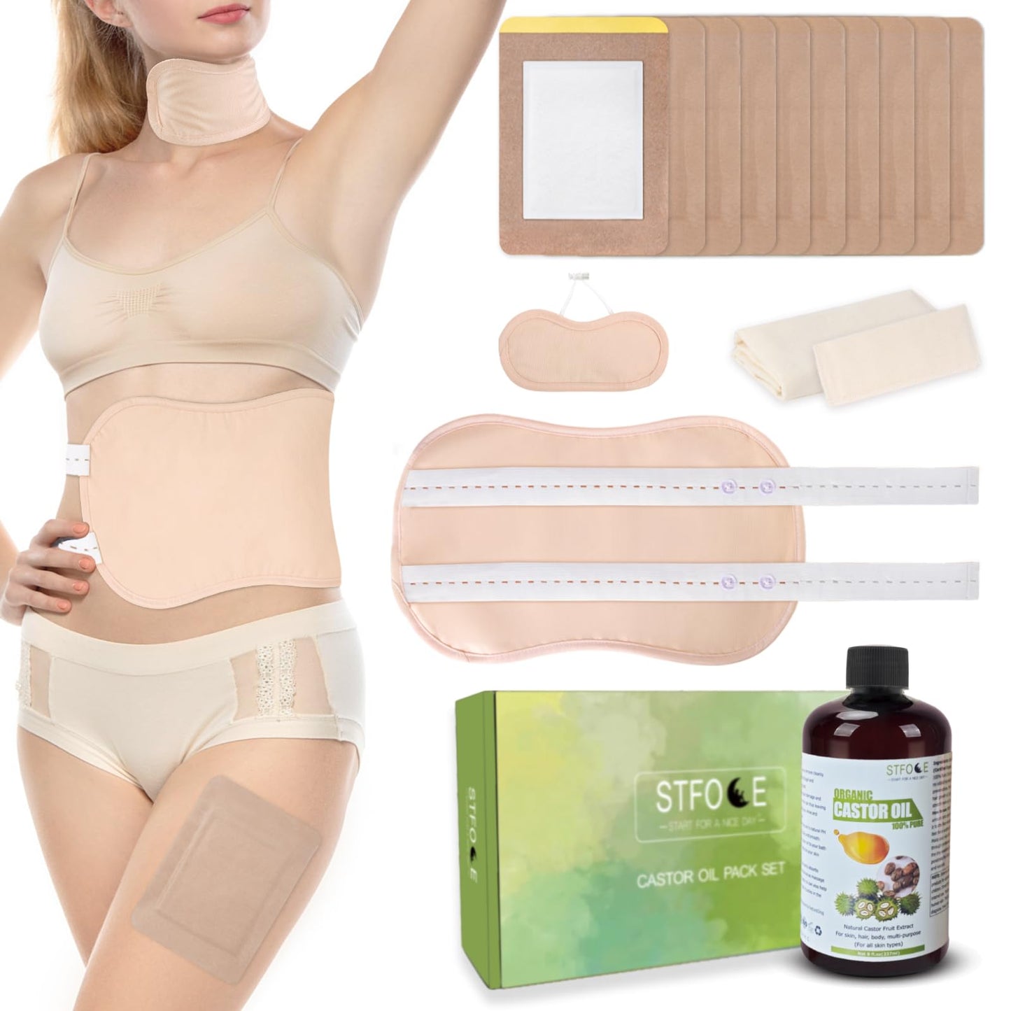 STFOCE Castor Oil Pack Wrap – Organic, Self-Adhesive, 7.9x5.5 in (Pack of 18)