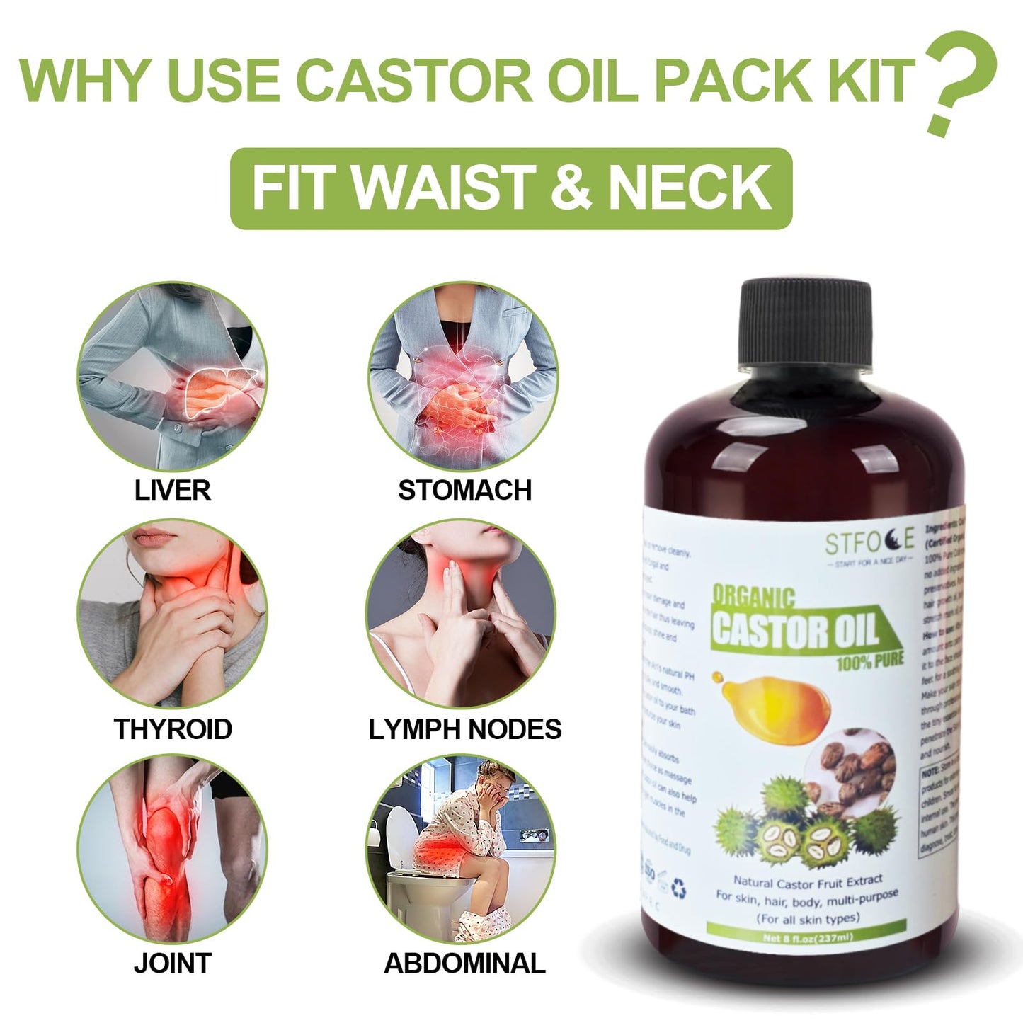 STFOCE Castor Oil Pack Wrap – Organic, Self-Adhesive, 7.9x5.5 in (Pack of 18)