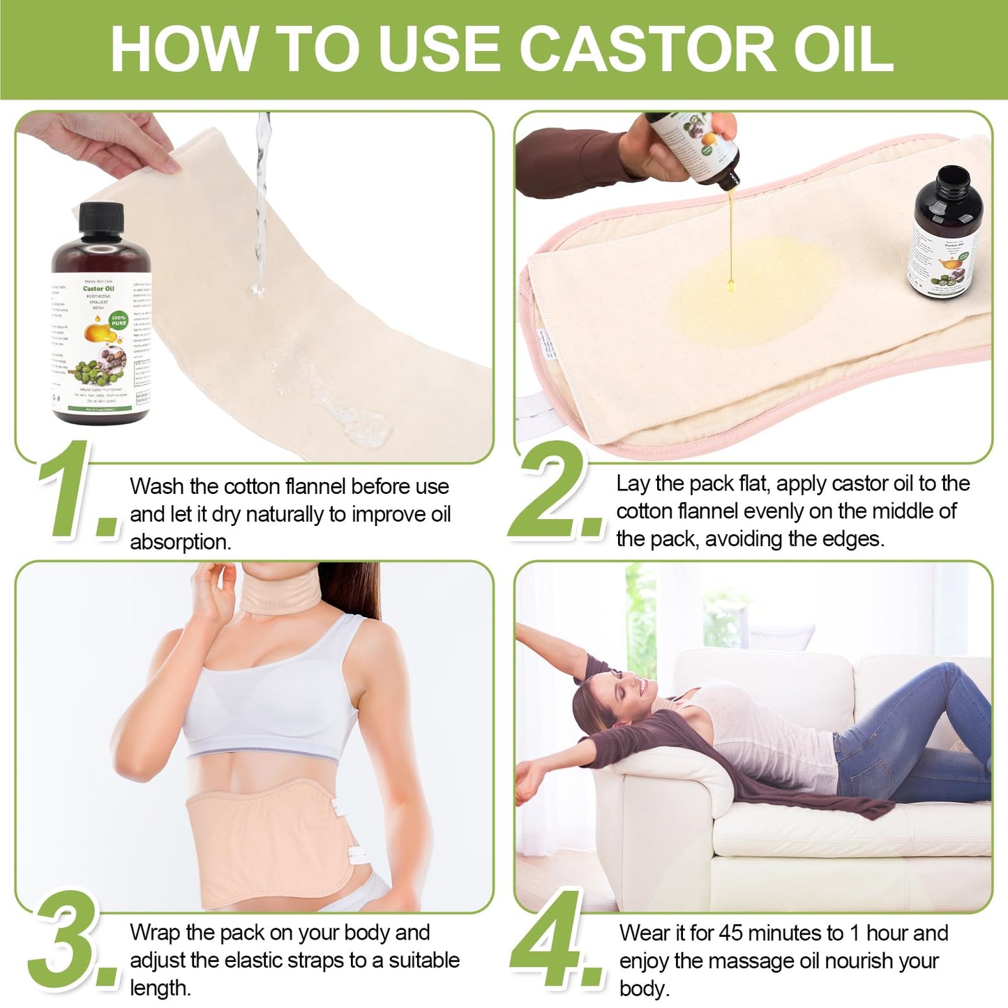 STFOCE Castor Oil Pack Wrap – Organic, Self-Adhesive, 7.9x5.5 in (Pack of 18)