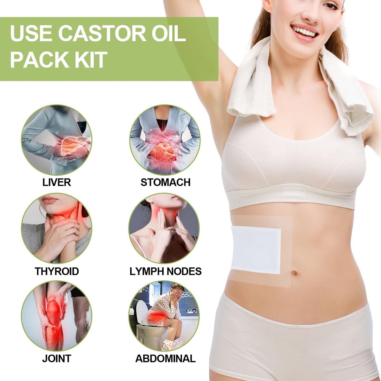STFOCE 10pcs Castor Oil Pack Wrap – Gentle Self-Adhesive, Disposable Organic Cotton Pad with Flexible Silicone, No Leaks, No Irritation, Portable