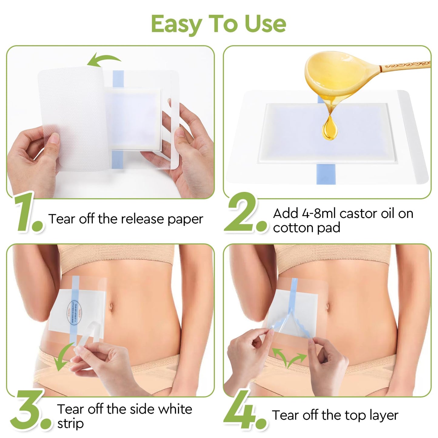 STFOCE 10pcs Castor Oil Pack Wrap – Gentle Self-Adhesive, Disposable Organic Cotton Pad with Flexible Silicone, No Leaks, No Irritation, Portable