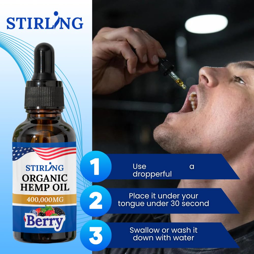 Stirling Organic Hemp Oil - 400,000mg Natural Berry Flavor - Enhances Sleep and Helps Reduce Discomfort - THC-Free, Non-GMO, Gluten-Free, High in Omega 3 6 9 - Premium U.S. Hemp Seed Oil