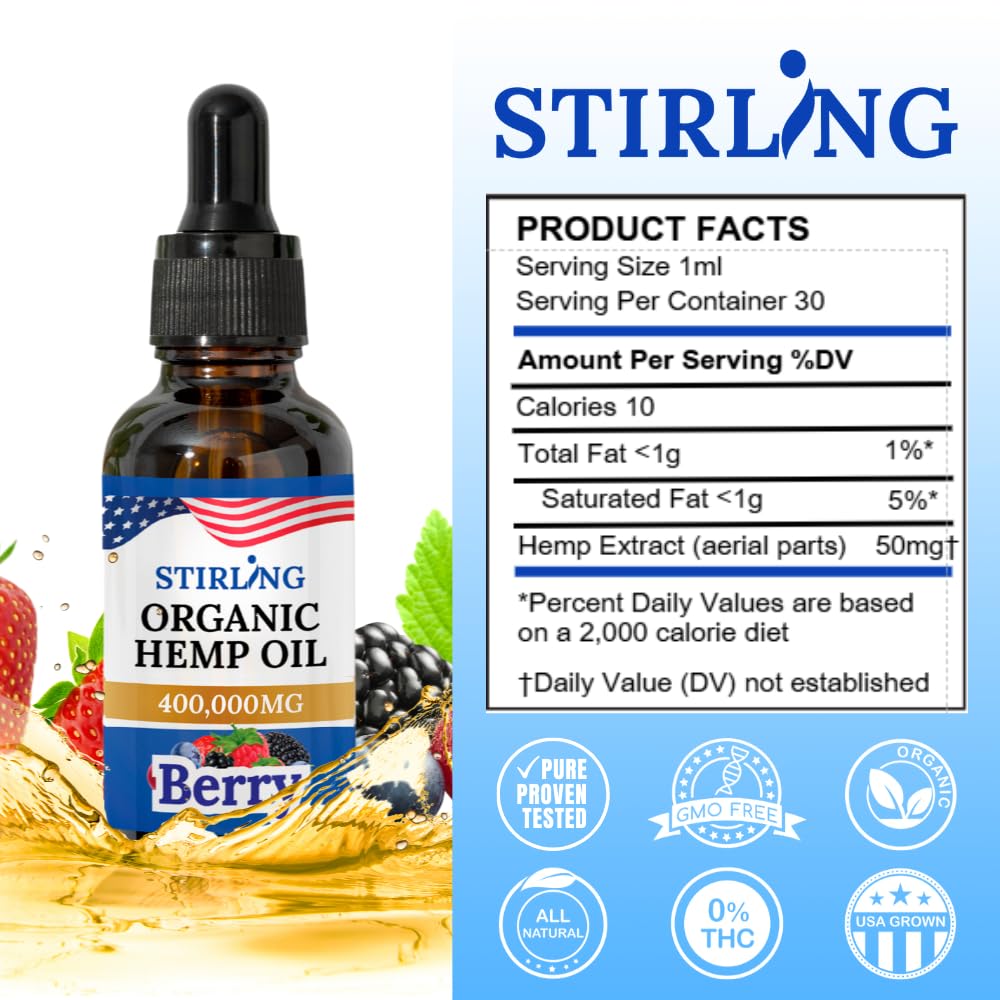 Stirling Organic Hemp Oil - 400,000mg Natural Berry Flavor - Enhances Sleep and Helps Reduce Discomfort - THC-Free, Non-GMO, Gluten-Free, High in Omega 3 6 9 - Premium U.S. Hemp Seed Oil