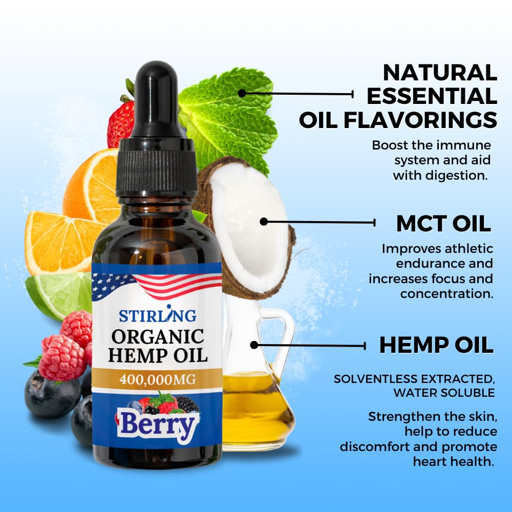 Stirling Organic Hemp Oil - 400,000mg Natural Berry Flavor - Enhances Sleep and Helps Reduce Discomfort - THC-Free, Non-GMO, Gluten-Free, High in Omega 3 6 9 - Premium U.S. Hemp Seed Oil