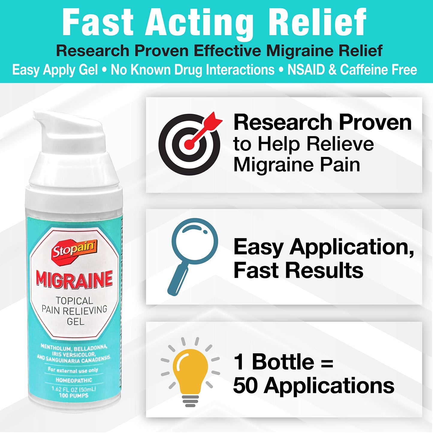 Stopain Migraine Pain Relief Gel Pump – 2 Pack, USA Made, Fast-Acting Topical Relief
