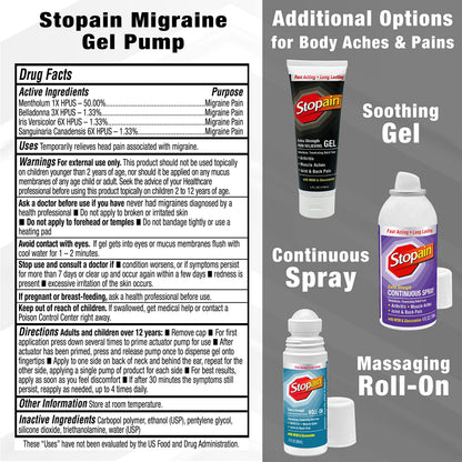Stopain Migraine Pain Relief Gel Pump – 2 Pack, USA Made, Fast-Acting Topical Relief
