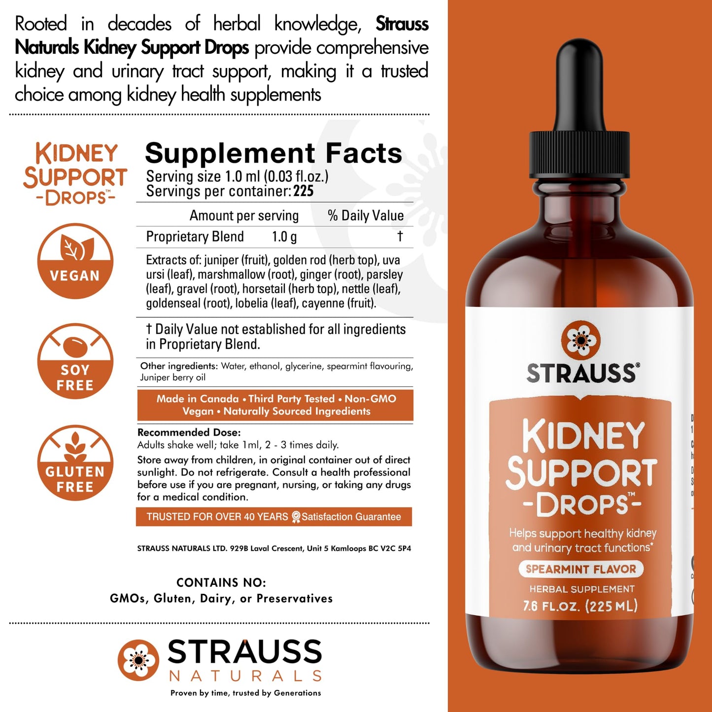 Strauss Naturals Kidney Support Drops for Men and Women – Vegan, Non-GMO, Spearmint Flavor, 225 ml