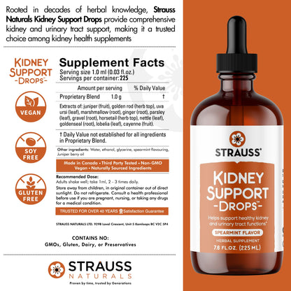 Strauss Naturals Kidney Support Drops for Men and Women – Vegan, Non-GMO, Spearmint Flavor, 225 ml