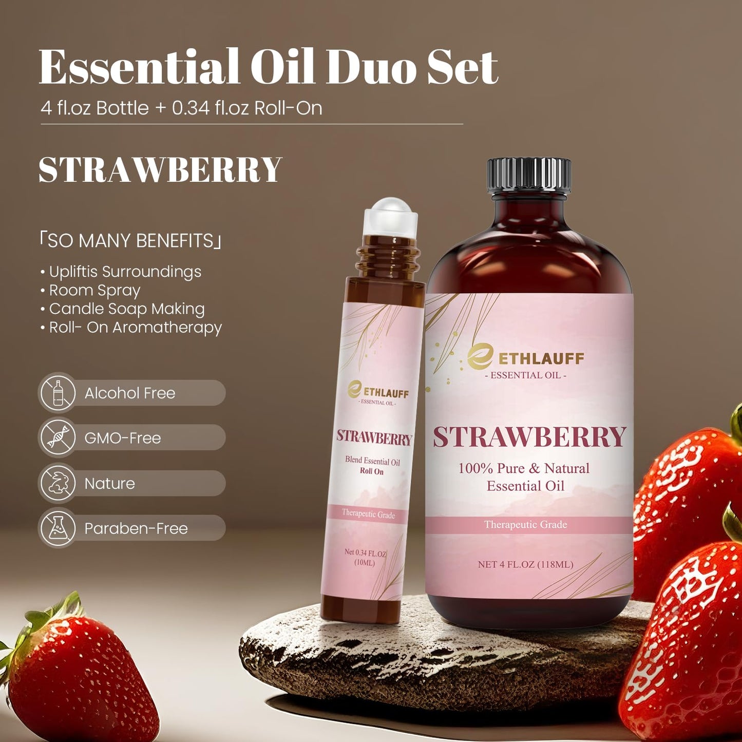 Strawberry Essential Oil 4oz Bottle + 0.34oz Roll-On | Aromatherapy
