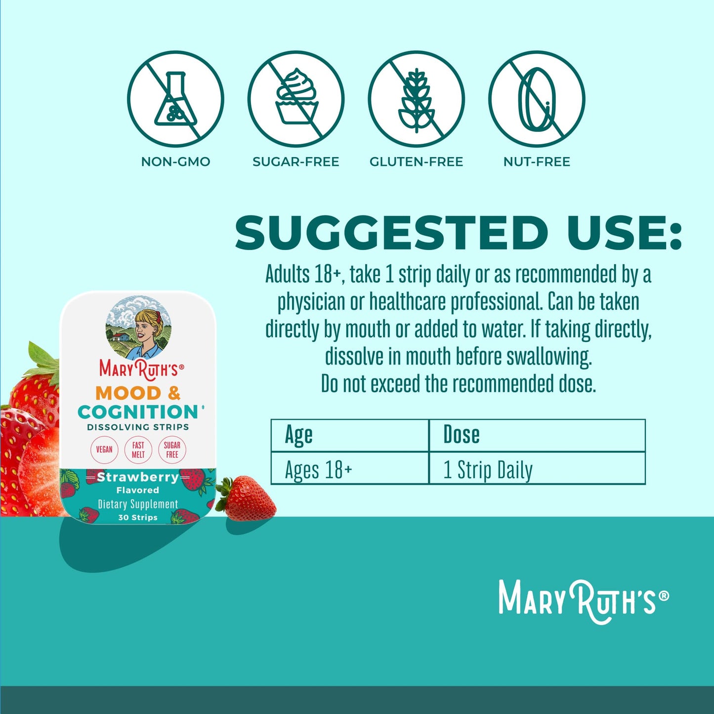 Mood & Cognition Dissolving Strips by MaryRuth's – B Vitamins, Saffron, Strawberry
