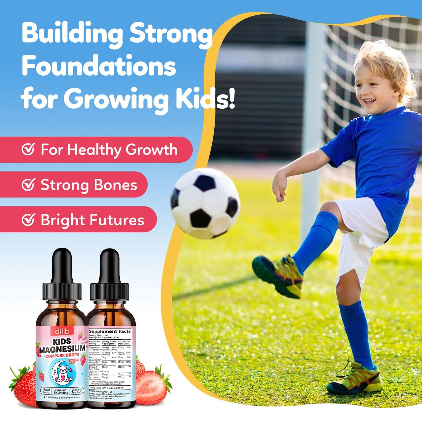 Kids Magnesium Liquid Drops – Glycinate & Citrate for Sleep, Calm, Focus, Bones