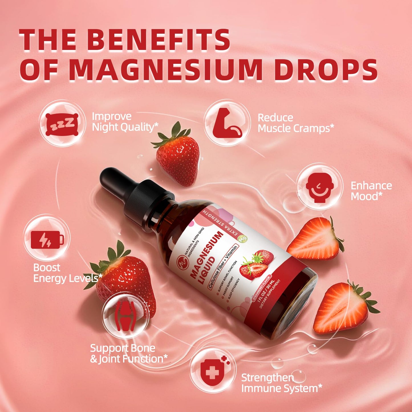 (3 Pack) Magnesium Glycinate Liquid Drops - High Absorption, Strawberry Flavor