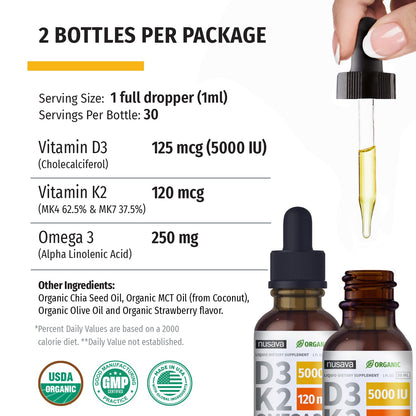 (2 Pack) Organic Vitamin D3 K2 Drops 5000 IU - Immune Support, Strawberry (2oz)