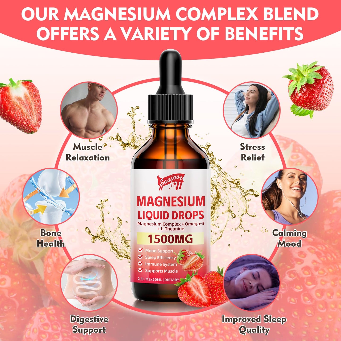 2 Pack Magnesium Glycinate Liquid Drops 1500mg – Strawberry Flavor, B6/D3, L-Theanine, Omega-3 | 4 Oz