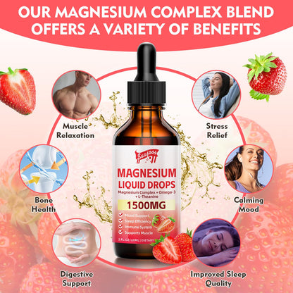 2 Pack Magnesium Glycinate Liquid Drops 1500mg – Strawberry Flavor, B6/D3, L-Theanine, Omega-3 | 4 Oz