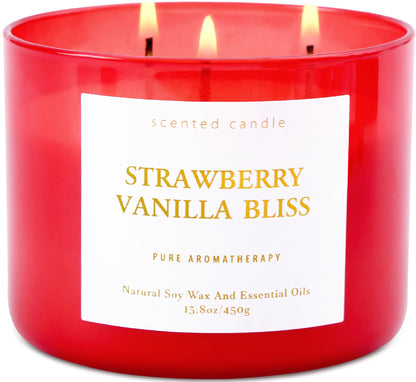Strawberry Vanilla Bliss 3-Wick Soy Candle – 15.8 oz | Relaxing Home Aromatherapy