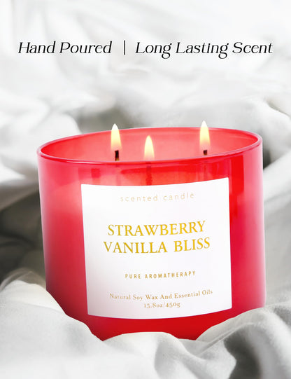 Strawberry Vanilla Bliss 3-Wick Soy Candle – 15.8 oz | Relaxing Home Aromatherapy