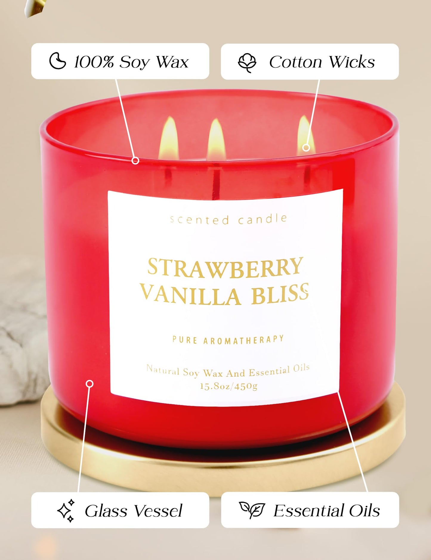Strawberry Vanilla Bliss 3-Wick Soy Candle – 15.8 oz | Relaxing Home Aromatherapy