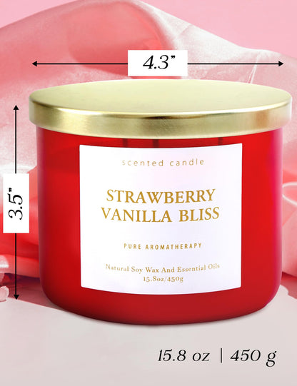 Strawberry Vanilla Bliss 3-Wick Soy Candle – 15.8 oz | Relaxing Home Aromatherapy