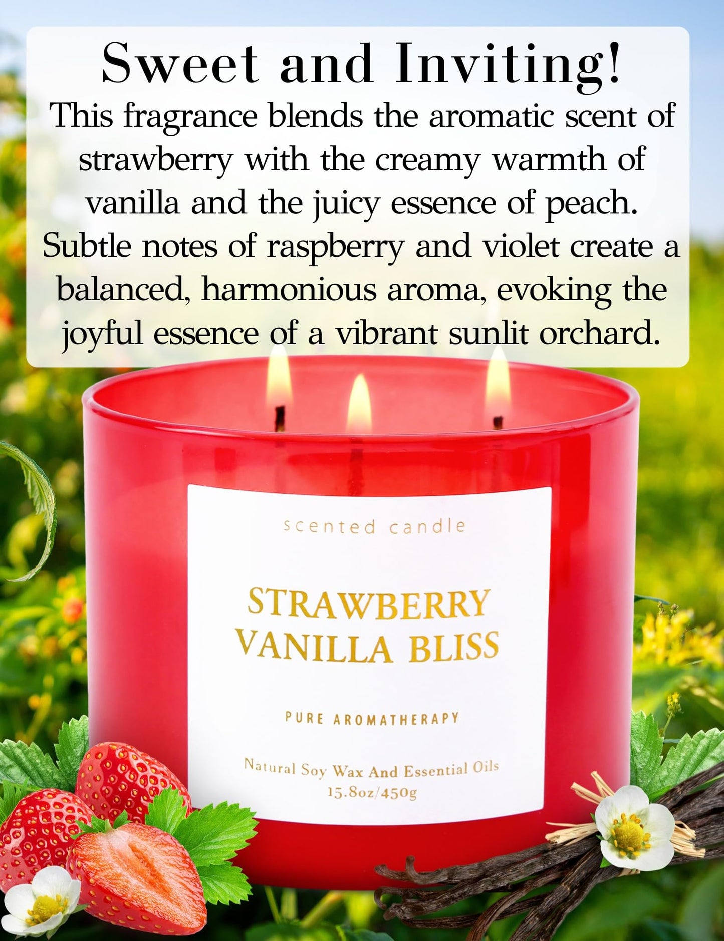 Strawberry Vanilla Bliss 3-Wick Soy Candle – 15.8 oz | Relaxing Home Aromatherapy