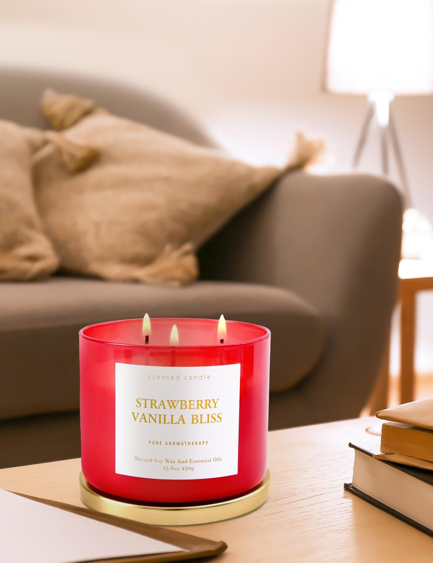 Strawberry Vanilla Bliss 3-Wick Soy Candle – 15.8 oz | Relaxing Home Aromatherapy