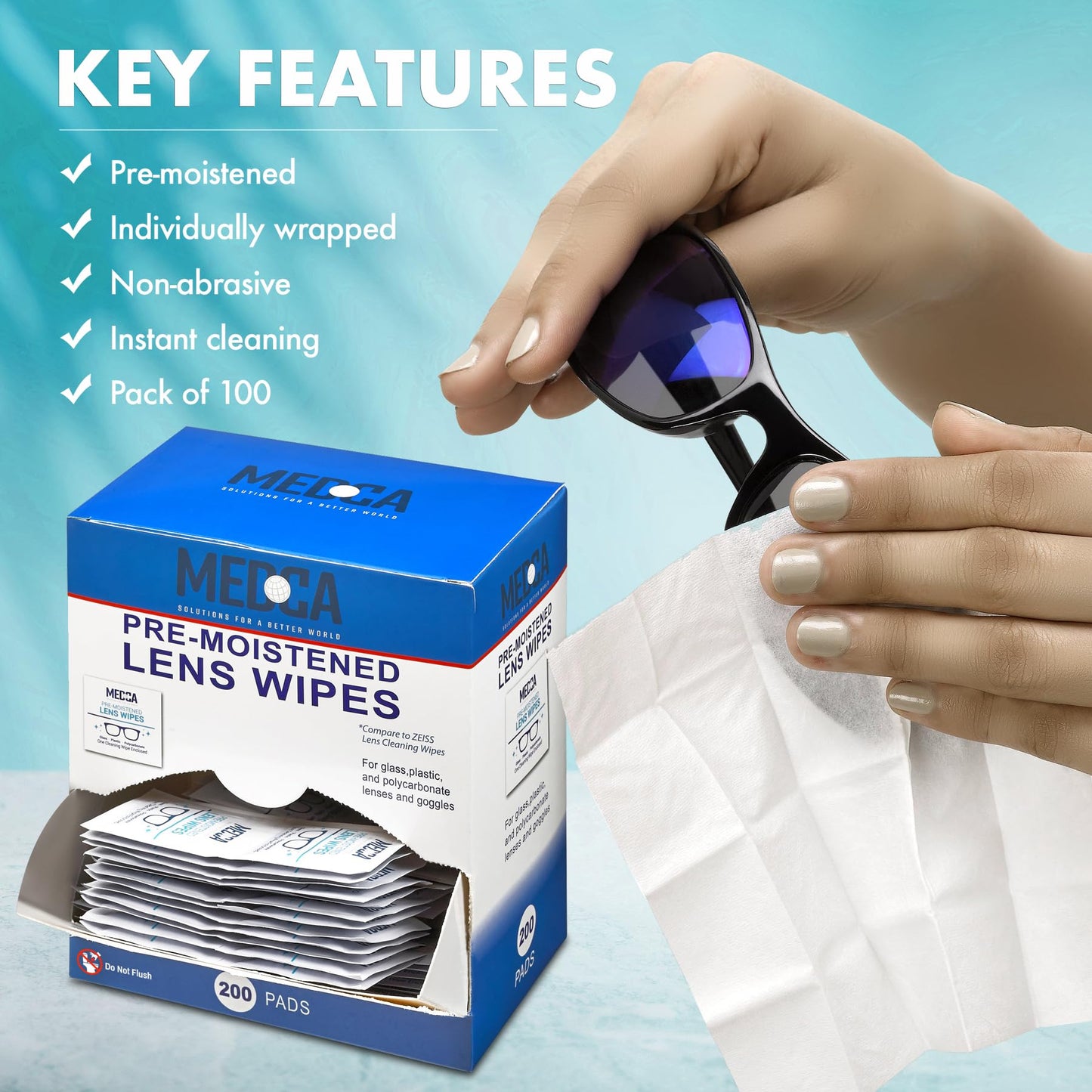 Premoistened Lens Cleaning Wipes - Pack of 200 | Quick Drying, Streak-Free | MEDca