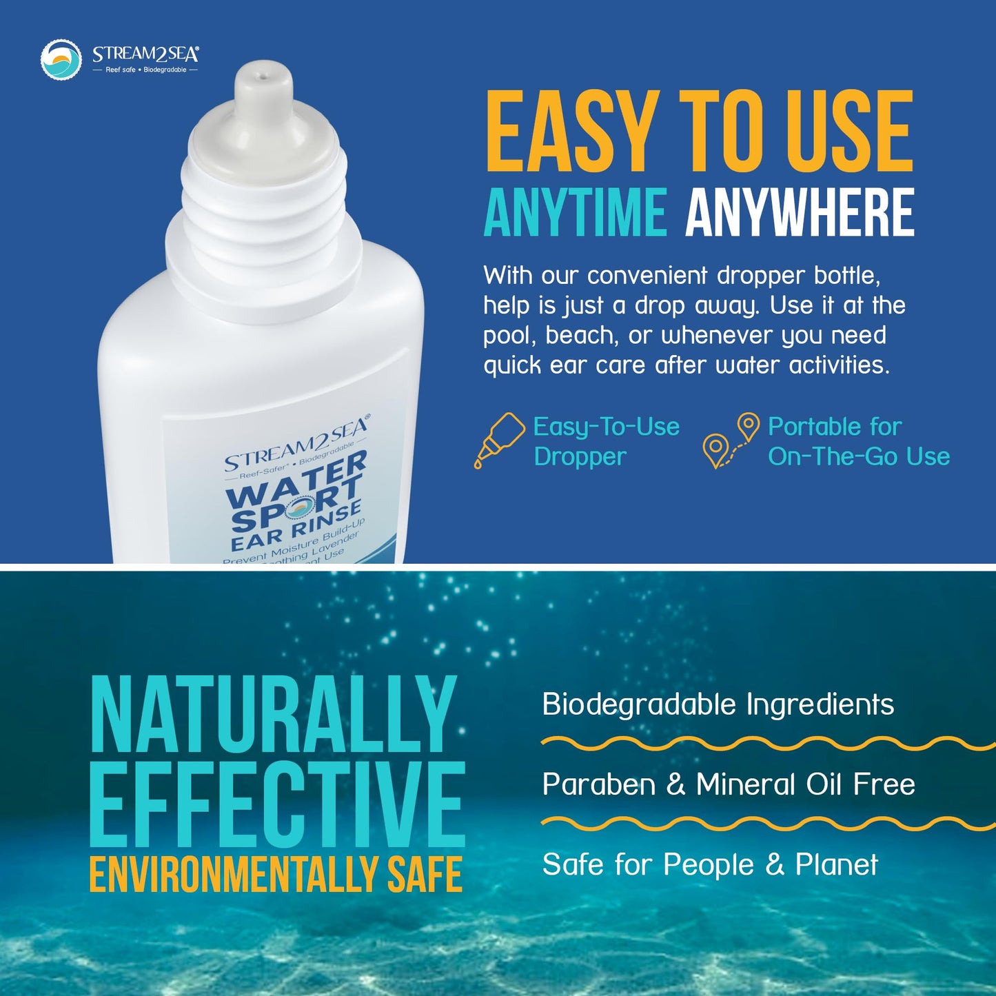Stream2Sea Water Sport Ear Rinse for Swimmers, Divers & Surfers | Biodegradable Natural Ear Drops