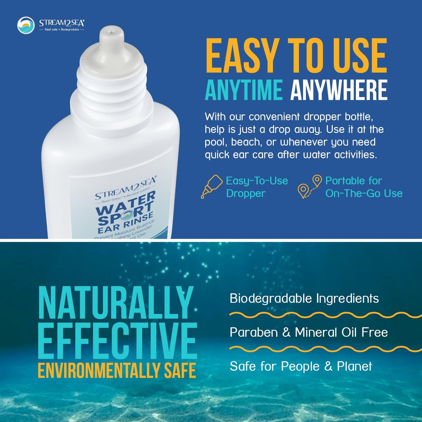 Stream2Sea Water Sport Ear Rinse for Swimmers, Divers & Surfers | Biodegradable Natural Ear Drops