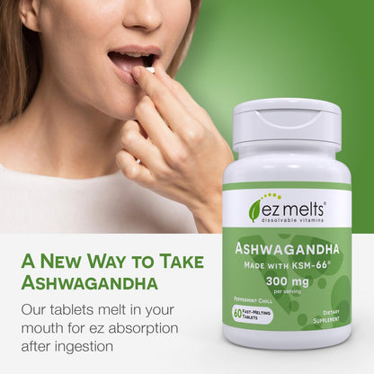 EZ Melts Dissolvable KSM-66 Ashwagandha 300 mg – Sugar-Free Stress, Sleep & Mood Support | Peppermint Chill Flavor, 30-Day Supply