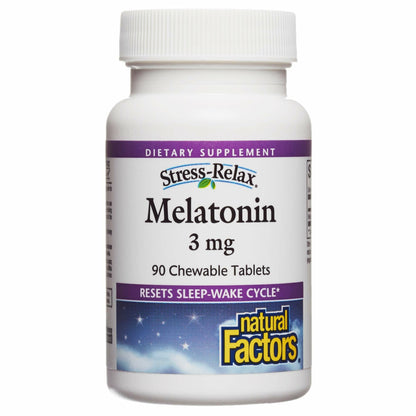 Natural Factors Stress-Relax Melatonin 3 mg – Sleep Aid, 90 Peppermint Chewable Tablets, Resets Sleep-Wake Cycle