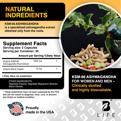 Organic Ashwagandha KSM-66 1000 mg Supplement | Adaptogen for Cortisol Support & Stress Relief | Mood, Calm & Sleep Aid for Men & Women | Ashwagandha ritual vitamins for women | 60 Vegan Caps