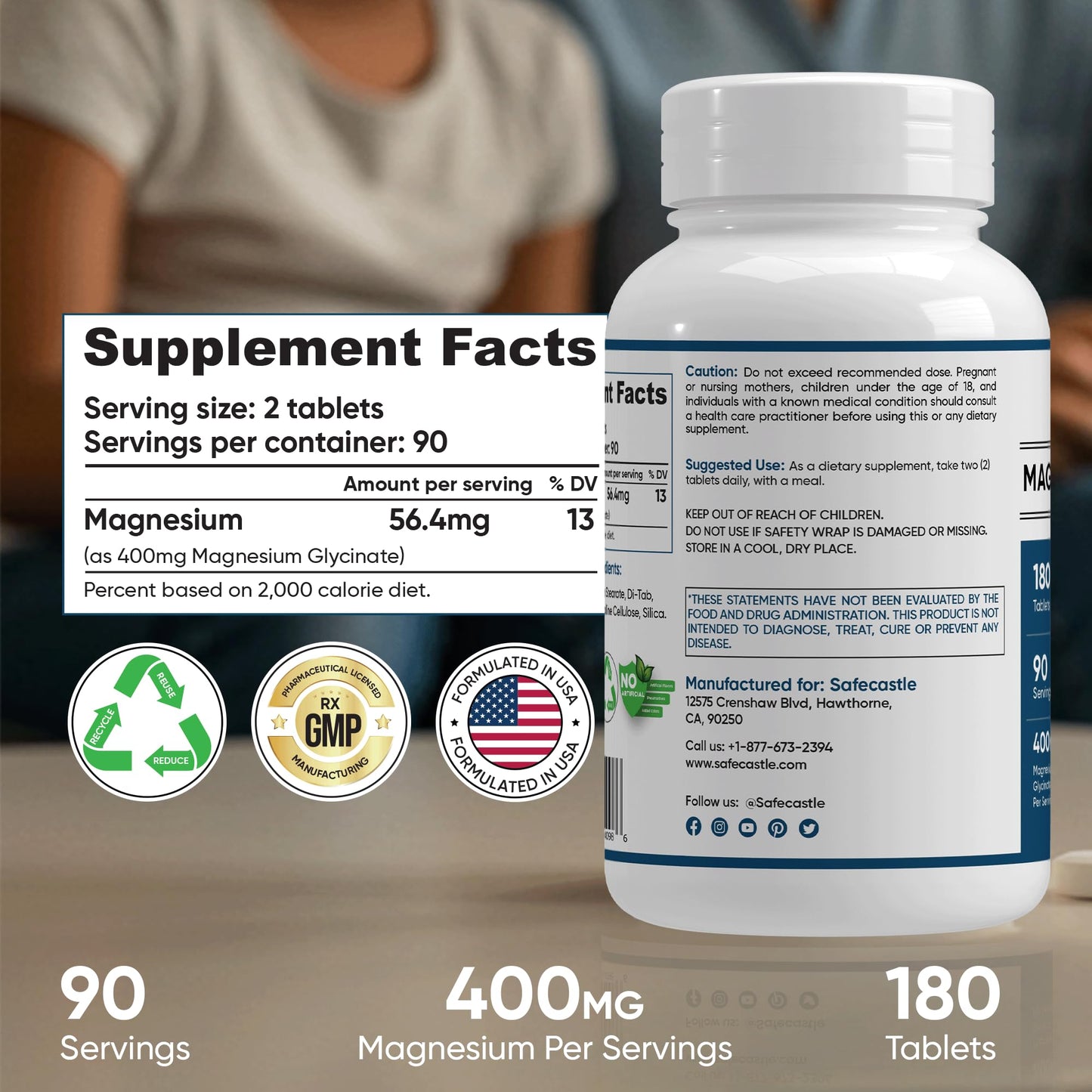 400 mg Magnesium Glycinate – 180 Tablets | High Absorption, Non-GMO