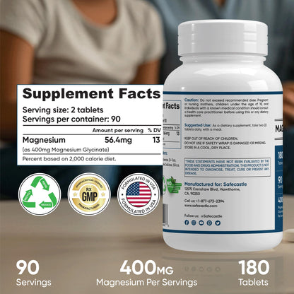 400 mg Magnesium Glycinate – 180 Tablets | High Absorption, Non-GMO