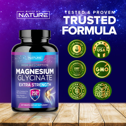 Magnesium Glycinate 250mg - High Absorption Chelated Magnesium Supplement for Stress, Sleep, Heart & Muscle Health - 100% Pure, Non-GMO, Vegan, Gluten-Free (60 Tablets)