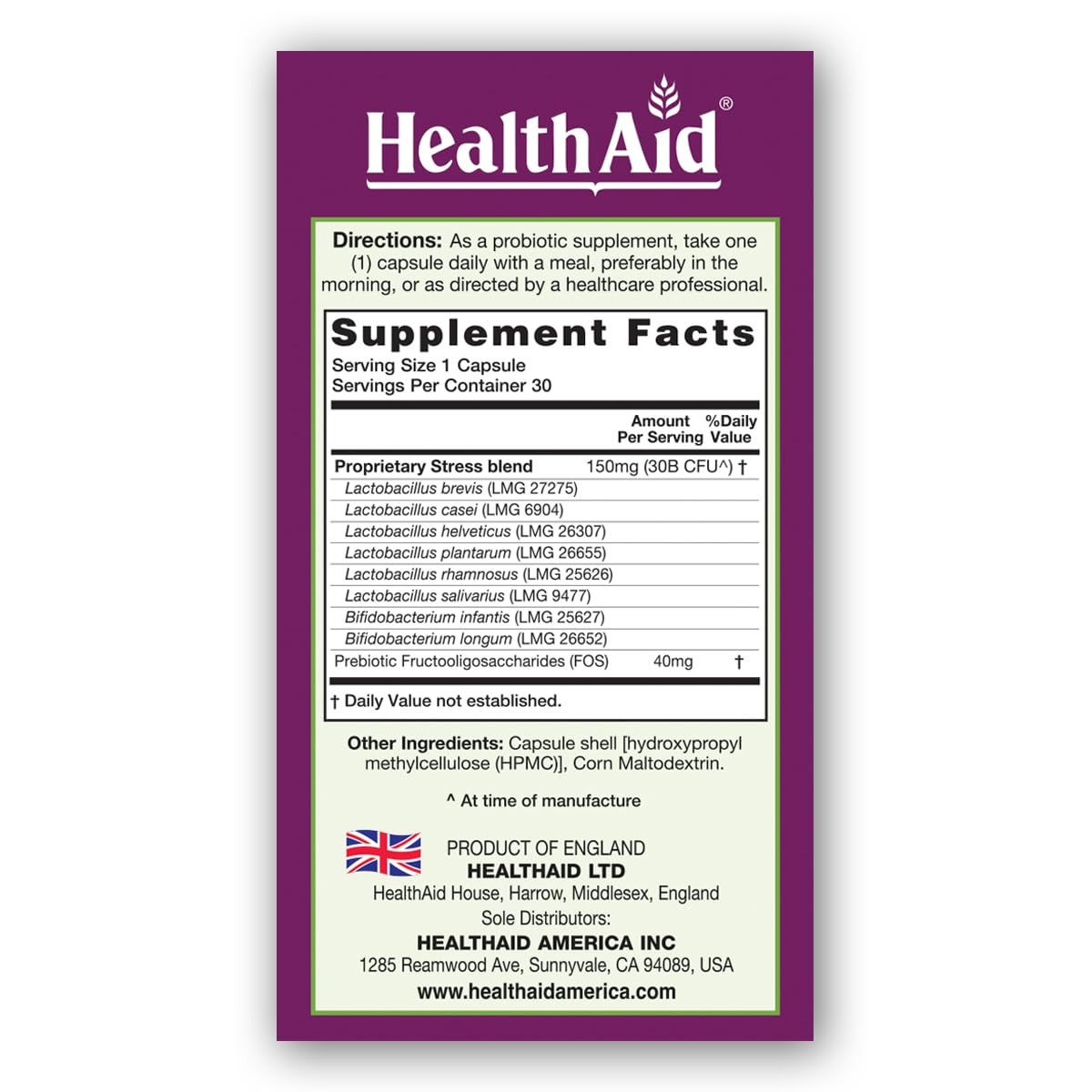HealthAid StressProbio – Gut-Brain Probiotic, 30 Billion CFU, 8 Vegan Strains
